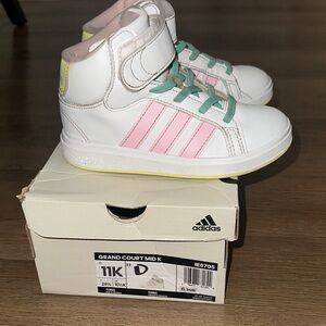 Adidas Kids Grand Court Mid K White with Pink and Green Accents